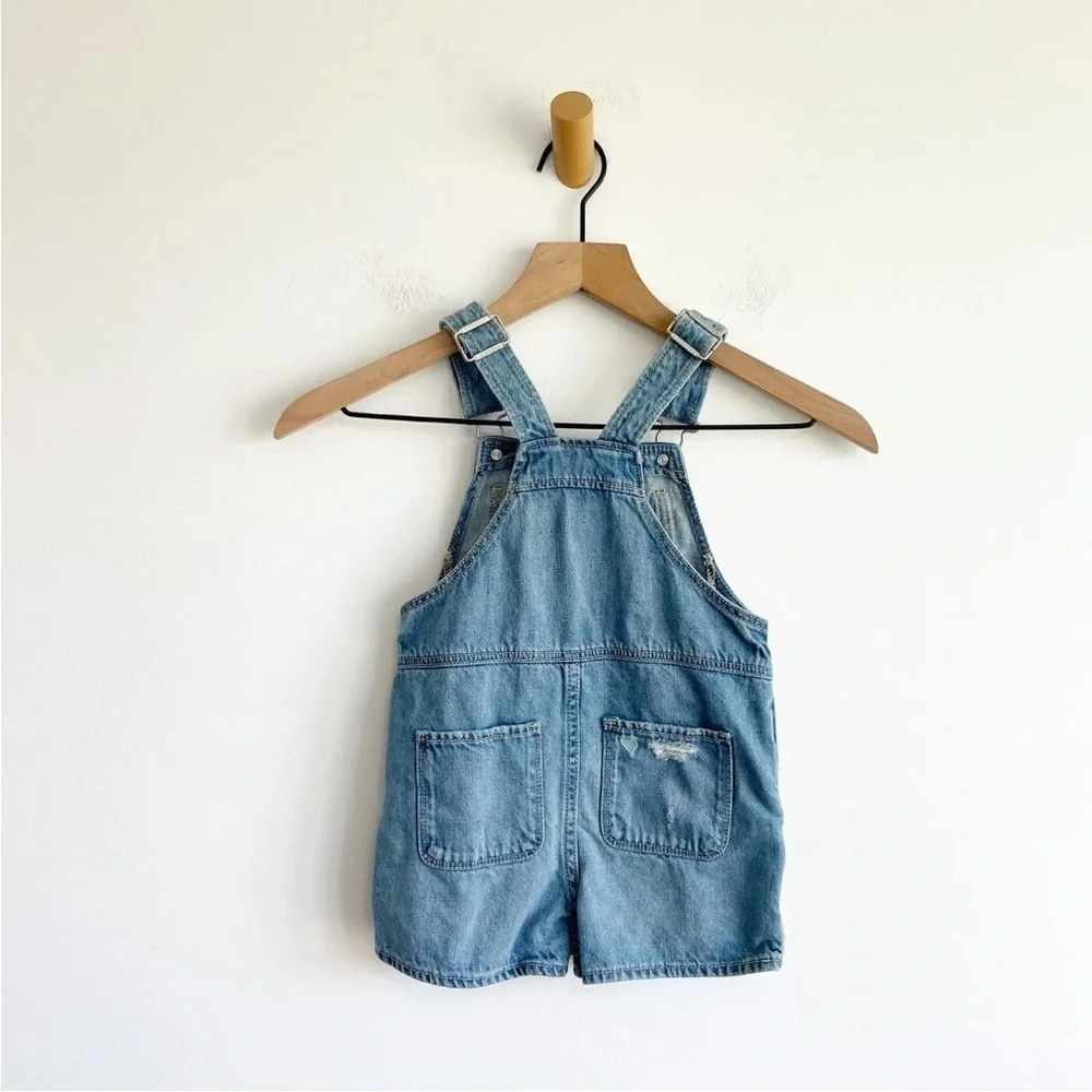 Baby Gap Distress Jean Denim Overalls Embroidered Stars and Hearts Size 4 Years